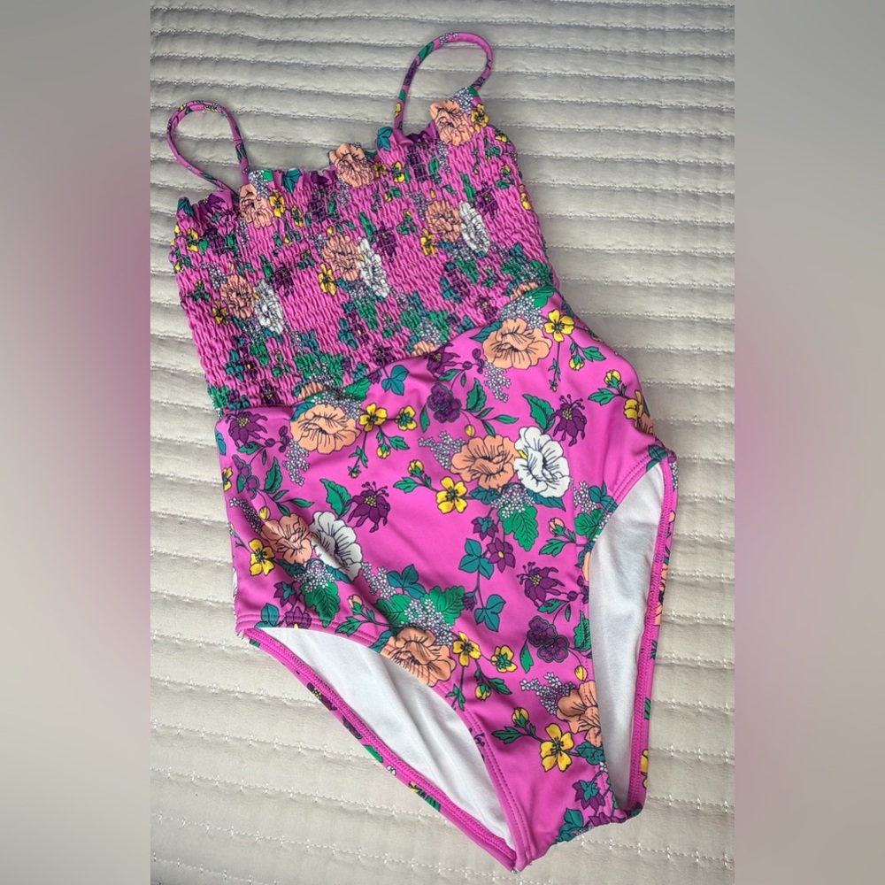Janie & Jack Recycled Floral Smocked Top 1 Piece Swimsuit Pink Sz 12